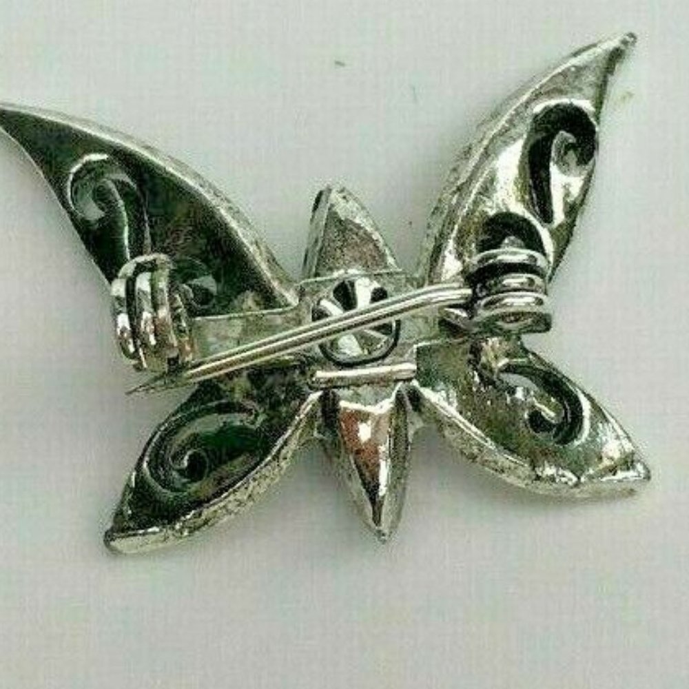 Vintage Silver Tone Filagree Butterfly Brooch with Black Glass Body - Picture 3 of 3